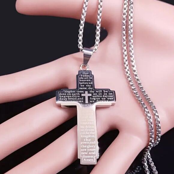 Silver Cross Necklace Lord's Prayer Pendant Anniversary Birthday Fashion Gift
